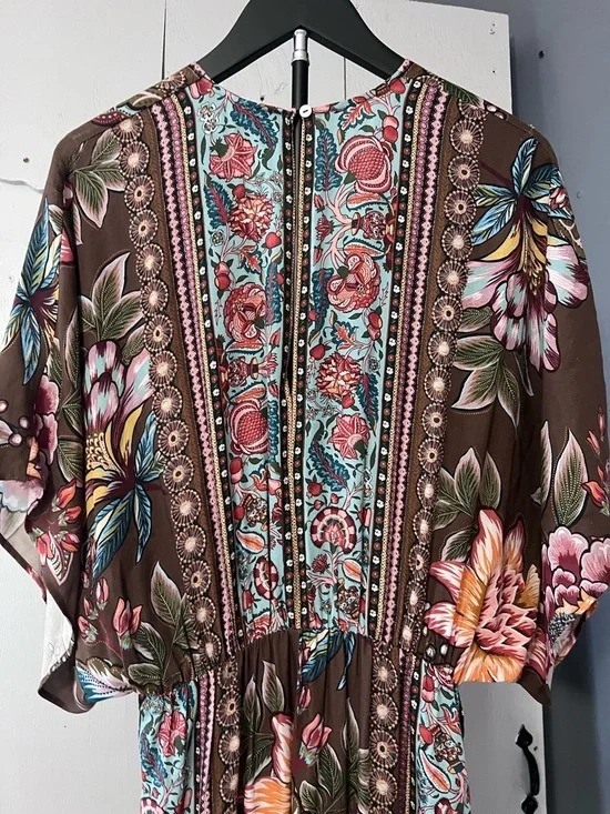 Farm Rio Anthropologie Valentina Floral Maxi Dress Brown Boho Kimono Sleeve Sz S - Picture 6 of 16